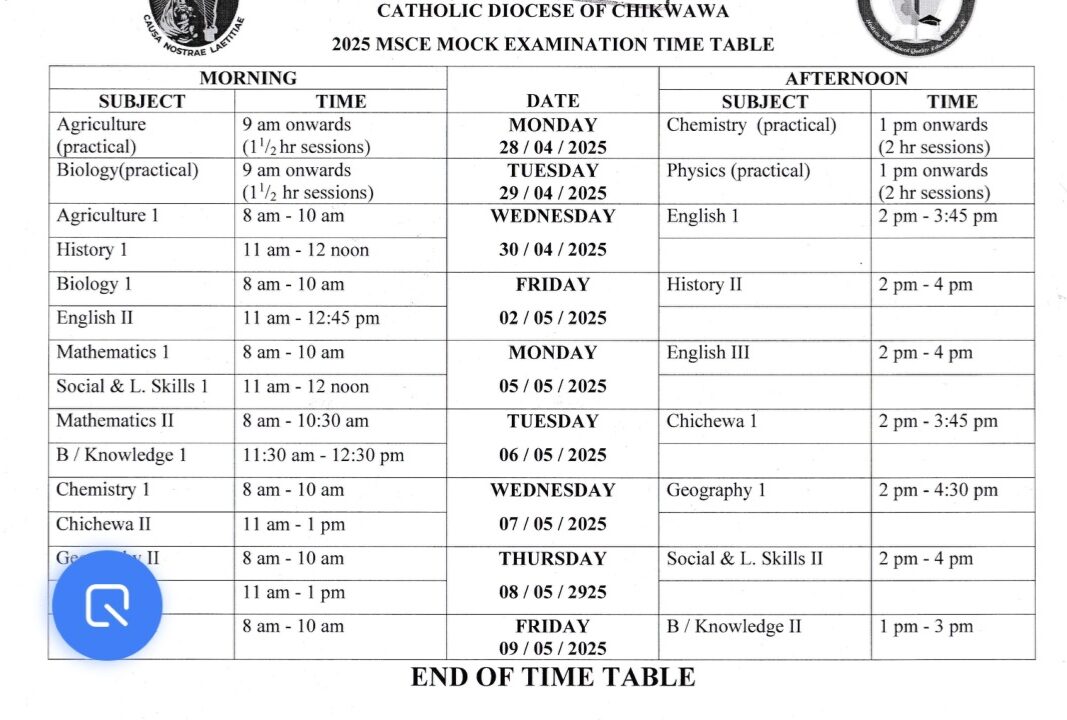 MSCE Mock Exam Timetable